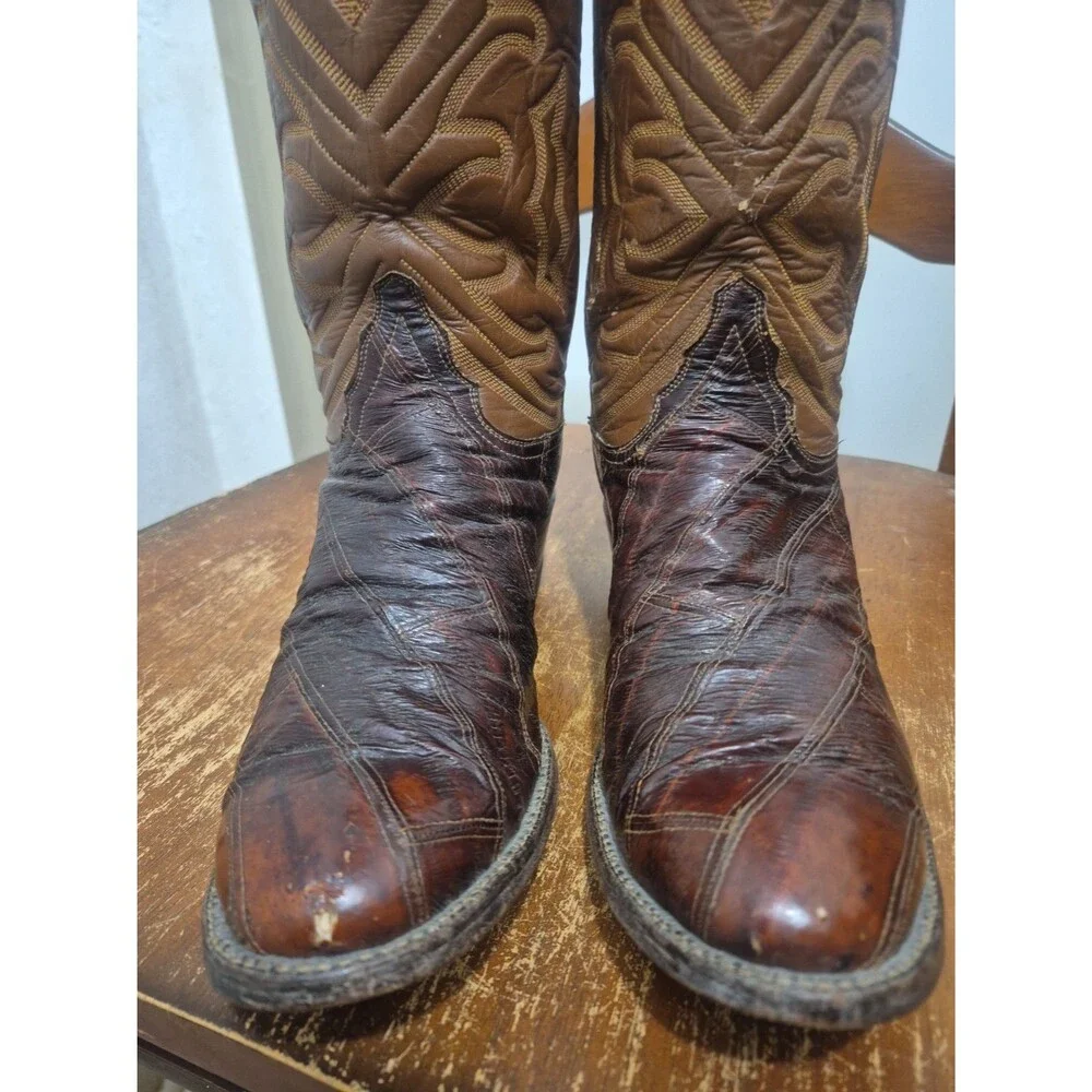 Vintage Tony Lama 8268 Men’s 13 Eel Skin Cowboy Boots Size 8.5D Black Label USA